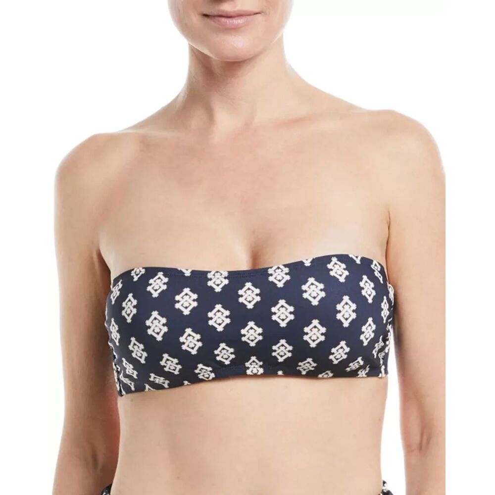 TORY BURCH Womens Swimwear Small Navy Bandeau Halter Bikini Top Logo Monogram